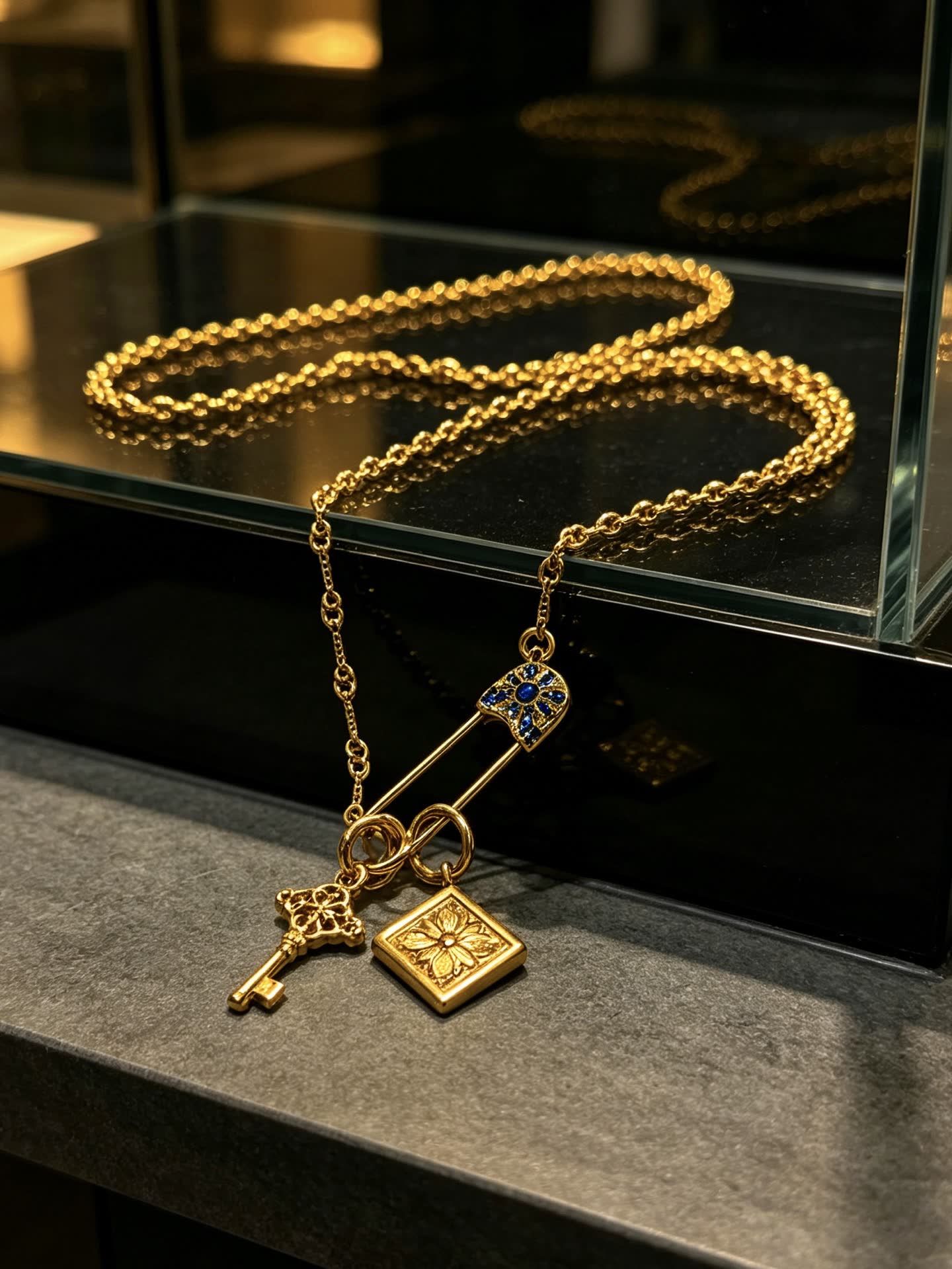 Chrome Hearts Gold-Plated Necklace with Key and Square Charm